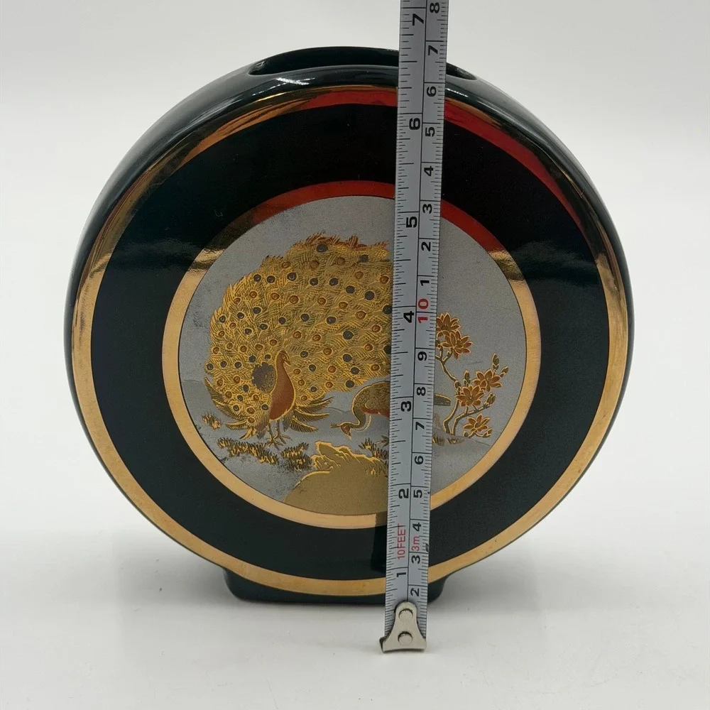 Chokin Art Japan Peacock Bud Vase Black Ceramic 24K Gold Round 6in